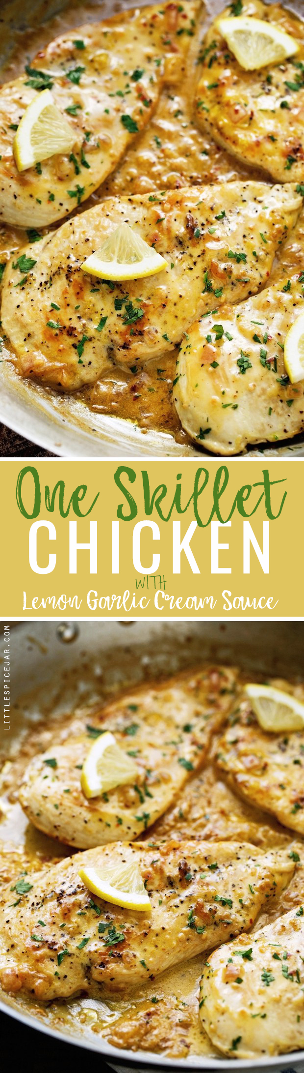 One Skillet Chicken topped with A Lemon garlic Cream Sauce - Ready in 30 minutes are perfect over a bed of angel hair pasta! #lemonchicken #skilletchicken #oneskilletchicken | Littlespicejar.com @littlespicejar