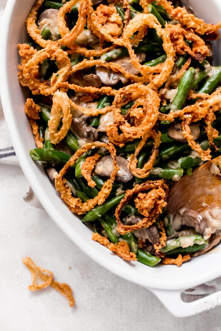 Irresistibly Creamy Green Bean Casserole from Scratch - Learn how to make a holiday favorite at home, completely from scratch! So much better than the stuff made with cans! #greenbeancasserole #casserole #holiday #sidedishes #thanksgiving #christmas | Littlespicejar.com