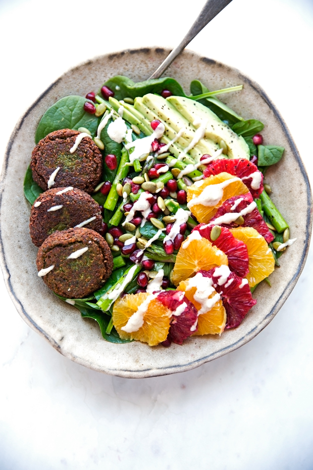 Falafel Veggie Bowls with Tahini Dressing - Superfood loaded salads with creamy tahini and homemade falafels! #tahinidressing #veggiebowls #falafel | Littlespicejar.com