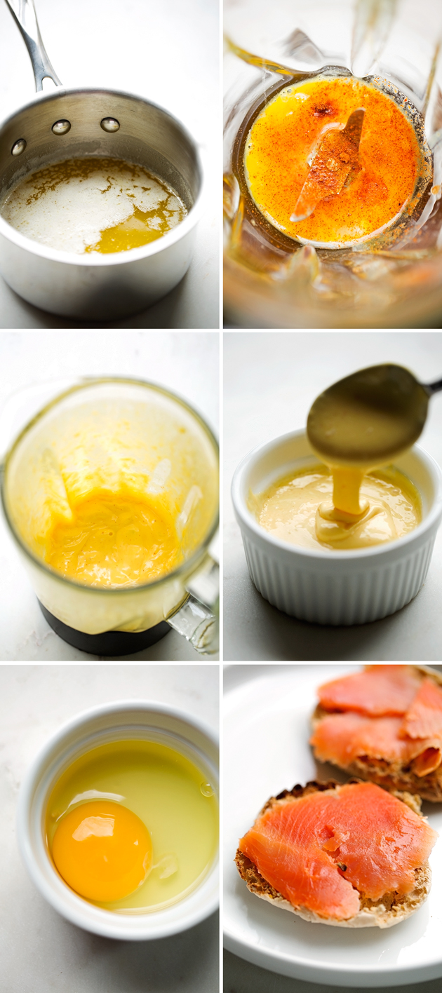 Blender Hollandaise Sauce with Eggs Benedict - learn how to make EASY and perfect hollandaise sauce every single time! #blenderhollandaisesauce #hollandaisesauce #poachedeggs #eggsbenedict | Littlespicejar.com