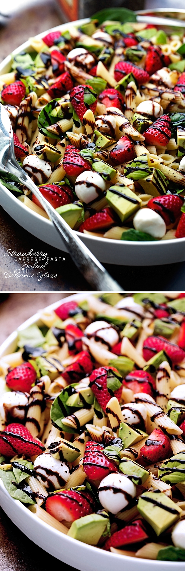 Strawberry Caprese Pasta Salad - Made with a homemade balsamic glaze, this salad is to die for! #pastasalad #capresepastasalad #balsamicglaze | Littlespicejar.com