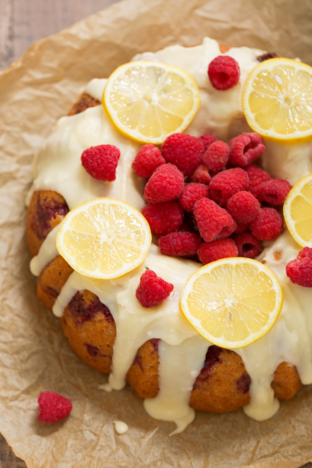 Glazed Lemon Raspberry Bundt Cake - A simple, tender bundt cake with pops of lemon zest and juicy raspberries! #bundtcake #lemonbundtcake #cake #raspberries | Littlespicejar.com