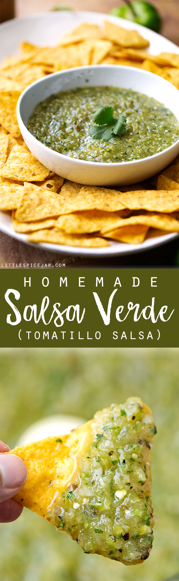 Homemade Salsa Verde (Tomatillo Salsa) - a classic restaurant favorite that's easy to make at home. My salsa verde tastes better than your favorite Mexican Restaurant! #salsa #salsaverde #tomatillosalsa | Littlepsicejar.com