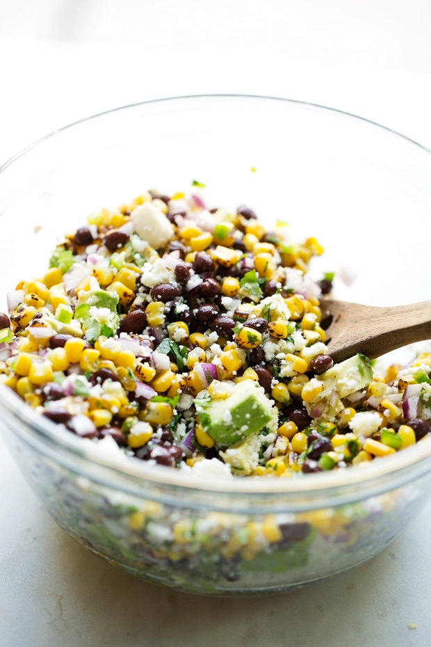 Mexican Street Corn Salad - The perfect summer corn salad with lots of fresh ingredients tossed in a light homemade dressing! #vegetarian #cornsalad #mexicanstreetcorn #streetcornsalad | Littlespicejar.com