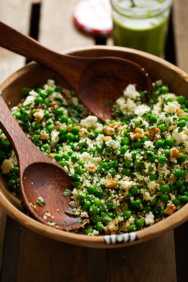 Spring Couscous Salad with Basil Vinaigrette - A simple spring salad with lots of walnuts, couscous, peas, and feta cheese. All dressed with a simple basil vinaigrette. #basilvinaigrette #peasalad #couscoussalad #vegetarian | Littlespicejar.com