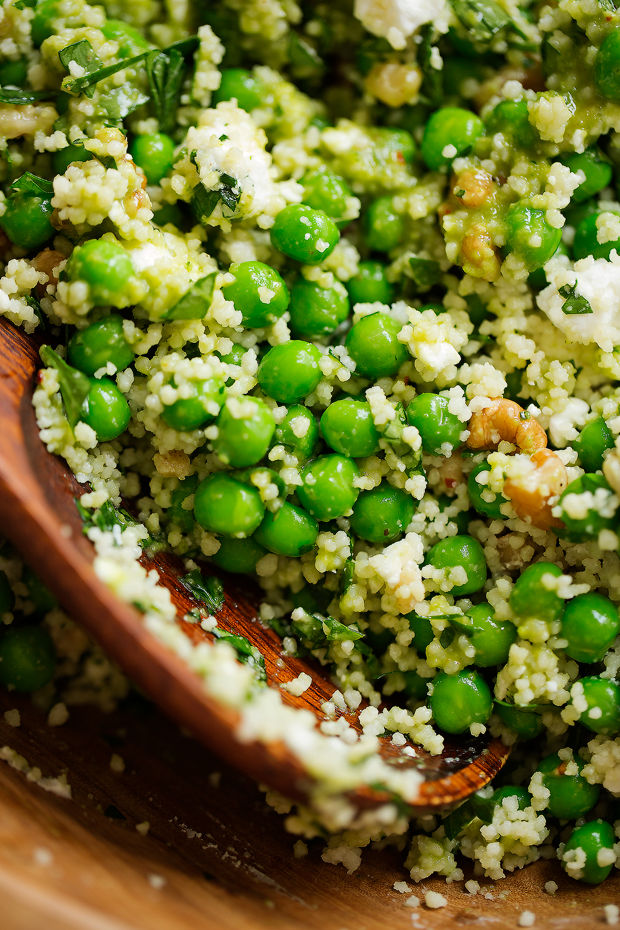 close up of peas with walnuts in couscous salad