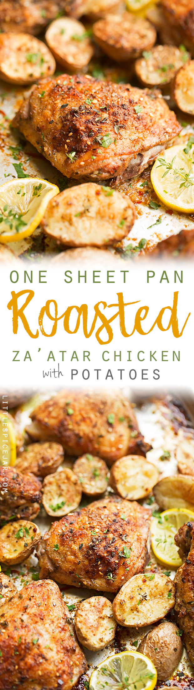 One Sheet Pan Roasted Za'atar Chicken with Potatoes - One sheet pan dinner recipe with roasted za'atar chicken and crispy baby potatoes. This chicken dinner has just 6 simple ingredients and is made in one pot! #roastedchicken #chickenandpotatoes #onesheetpandinner #chickenandveggies | Littlespicejar.com