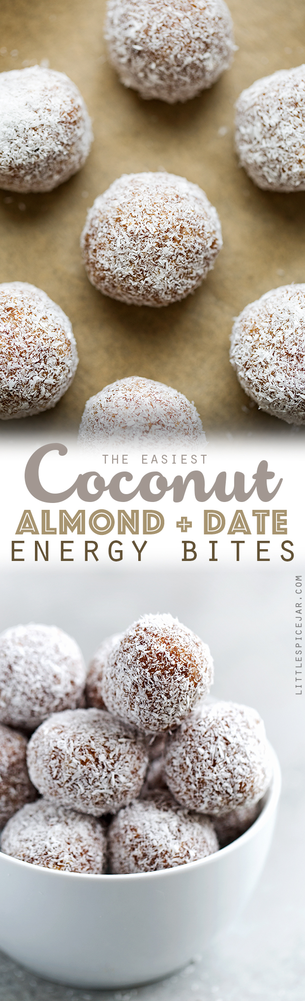 Coconut Almond Energy Bites - These energy bites are made with just 5 simple ingredients. They're crunchy, salty, and sweet and are perfect for a mid-day snack! #energybites #energyballs #refinedsugarfree | Littlespicejar.com