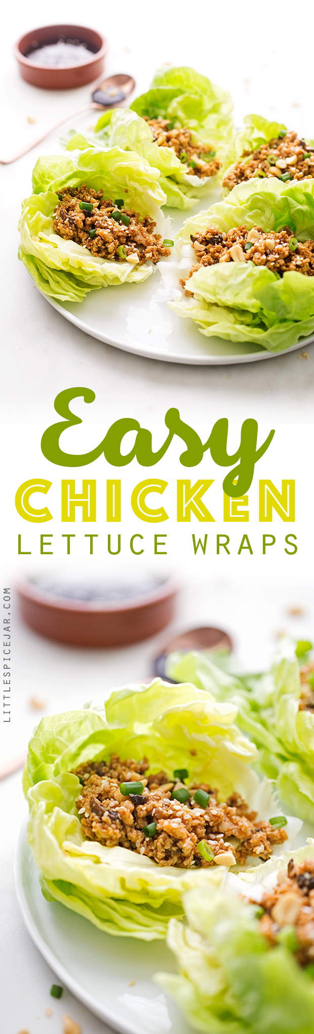 Easy Chicken Lettuce Wraps - Only 100 simple calories in this flavor loaded chicken lettuce wraps that are full of protein and perfect for light and healthy lunches and dinners! #chickenlettucewraps #asianchickenlettucewraps #lettucewraps | Littlespicejar.com