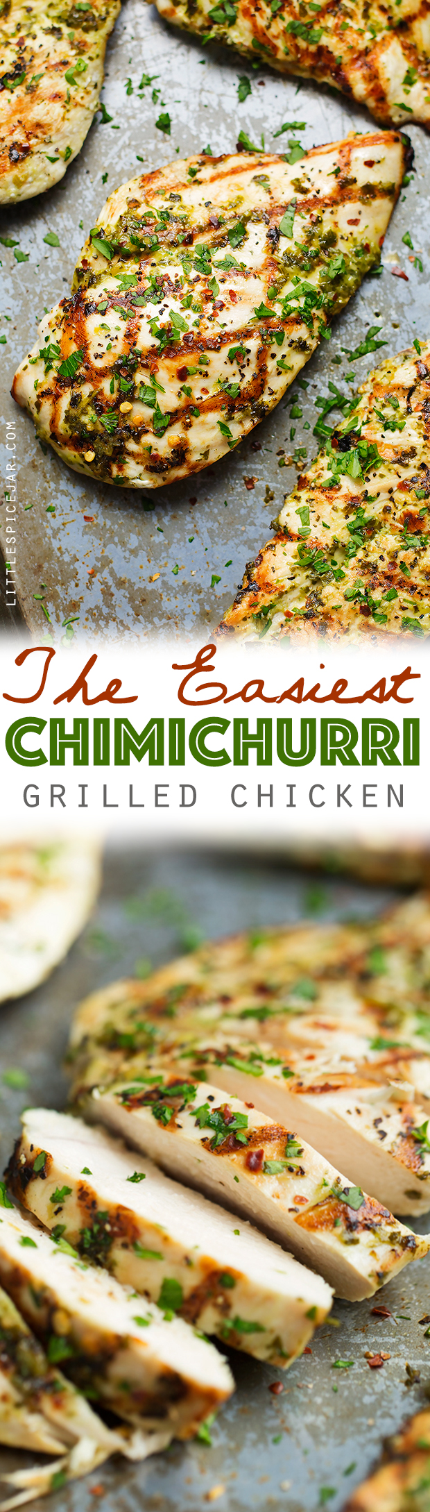 The Easiest Grilled Chimichurri Chicken - Chicken breasts marinated in homemade chimichurri sauce. This takes less than 5 minutes to prep and tastes AMAZING! #chimichurrichicken #grilledchicken #chickendinner | Littlespicejar.com