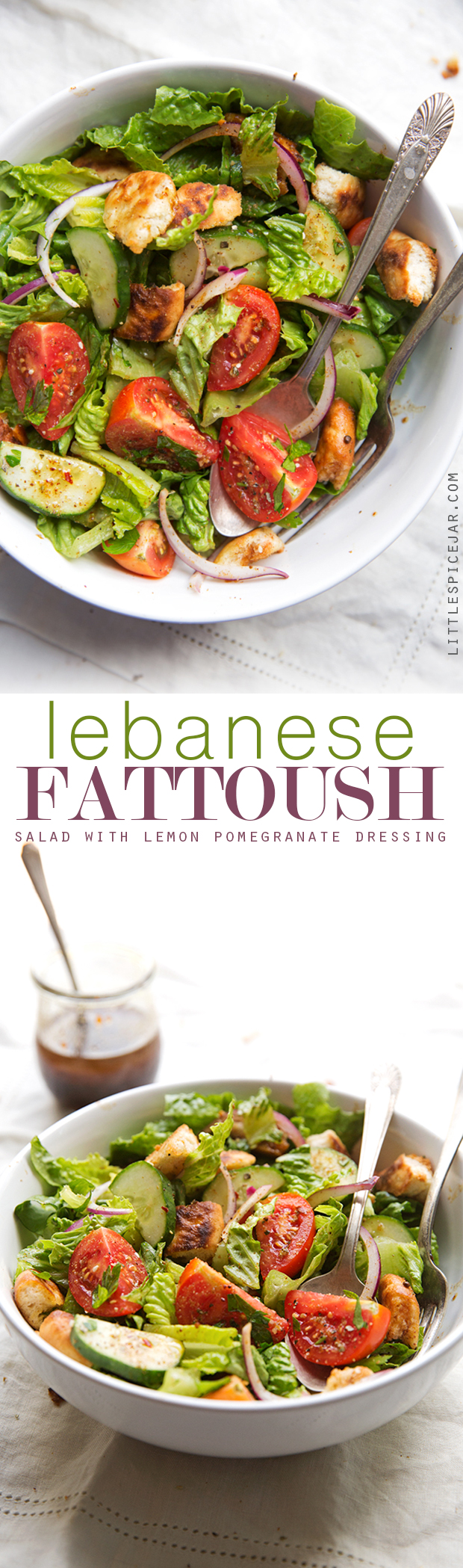 Lebanese Fattoush Salad with Lemon Pomegranate Dressing - This salad is bold and flavorful topped with homemade pita chips and a zippy middle eastern style dressing #fattoush #fattoushsalad #lebanese #salad | Littlespicejar.com