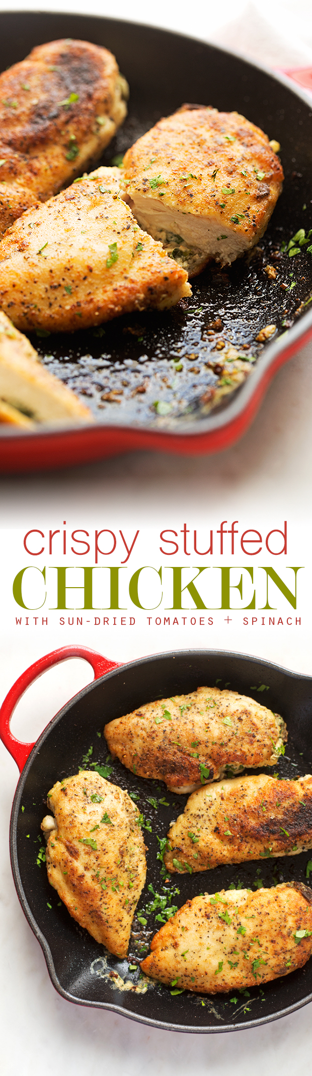 Sun-Dried Tomato and Spinach Stuffed Chicken Breasts - a simple yet elegant recipe for stuffed chicken breasts. Crispy on the outside and cheesy on the inside! #chicken #stuffedchicken #chickenrecipes | Littlespicejar.com