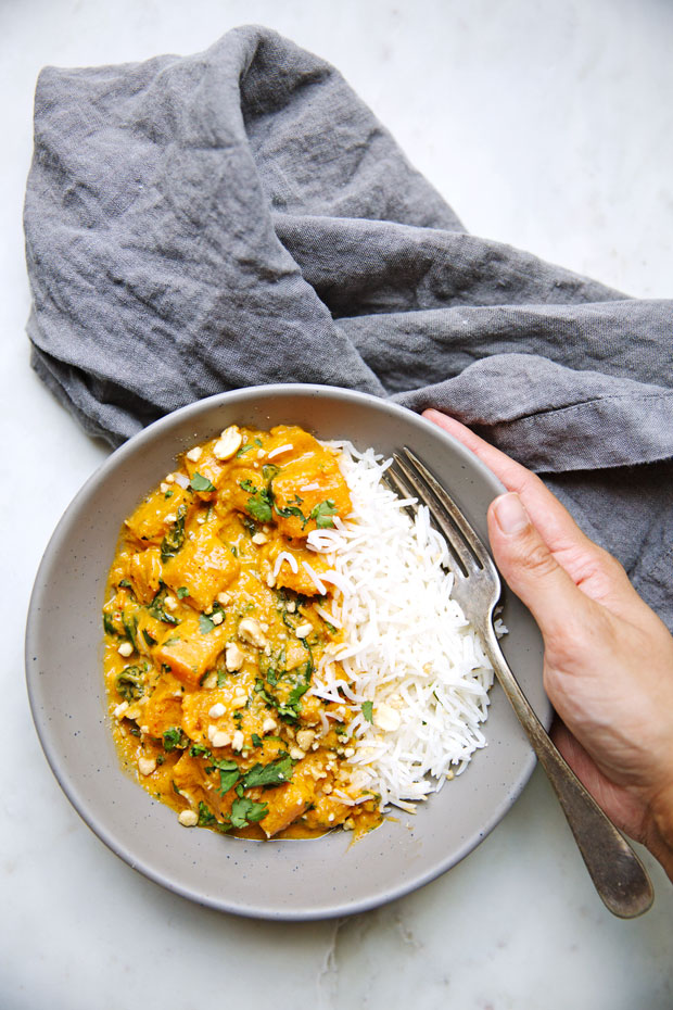 butternut squash red curry in bowls with basmati rice and fork