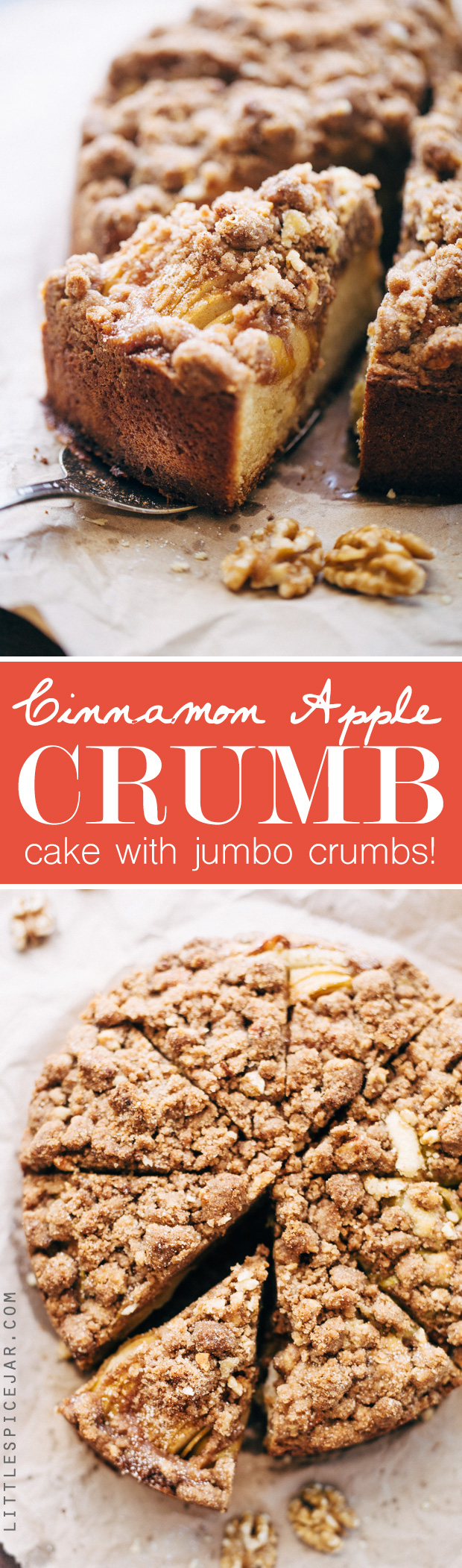 Cinnamon Apple Crumb Cake - A simple coffee cake topped with sliced apples and lots of jump lump crumbs. The perfect accompaniment to coffee of a crisp fall morning! #coffeecake #applecrumbcake #crumbcake | Littlespicejar.com
