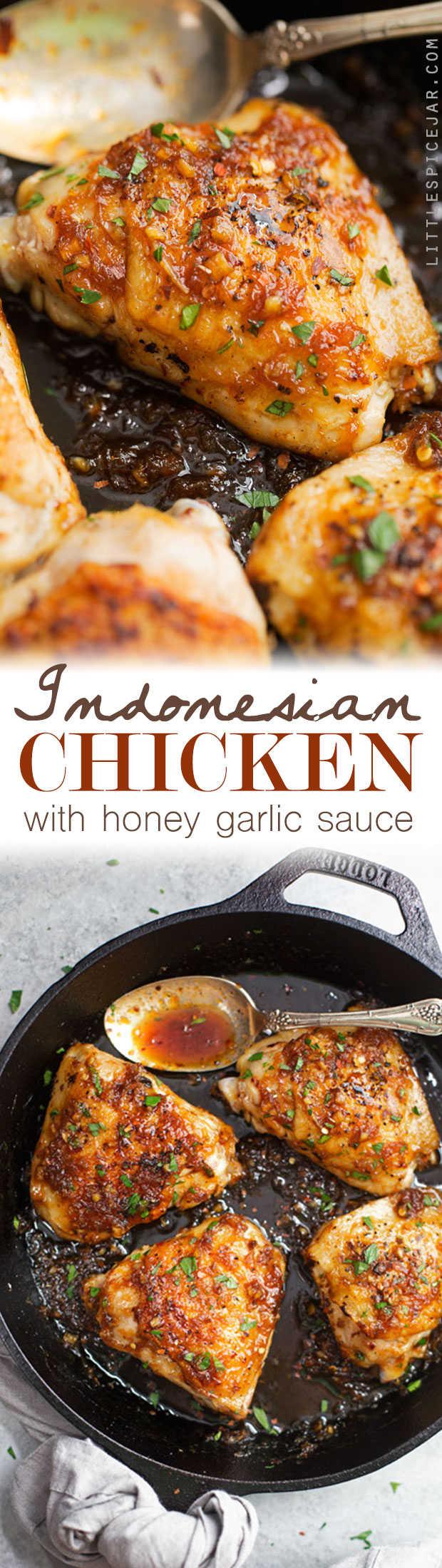 Indonesian Honey Garlic Chicken - Simple chicken thighs spiced up with a homemade honey garlic sauce! #chickenthighs #chicken #honeygarlicchicken | Littlespicejar.com