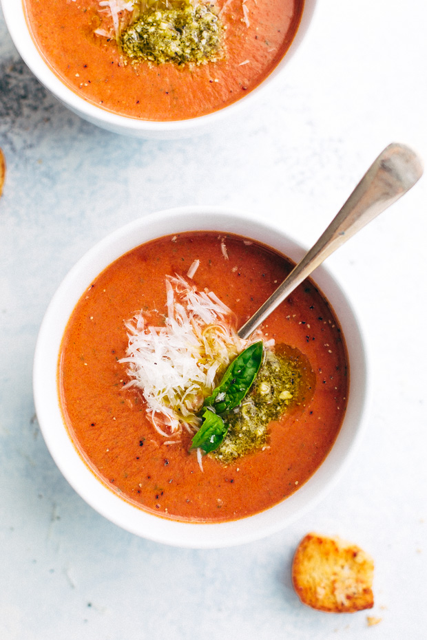 Parmesan Basil Tomato Soup - A cozy tomato soup that's made in the slow cooker and loaded with tons of flavor! #tomatosoup #tomatobasilsoup #slowcooker #crockpot | Littlespicejar.com