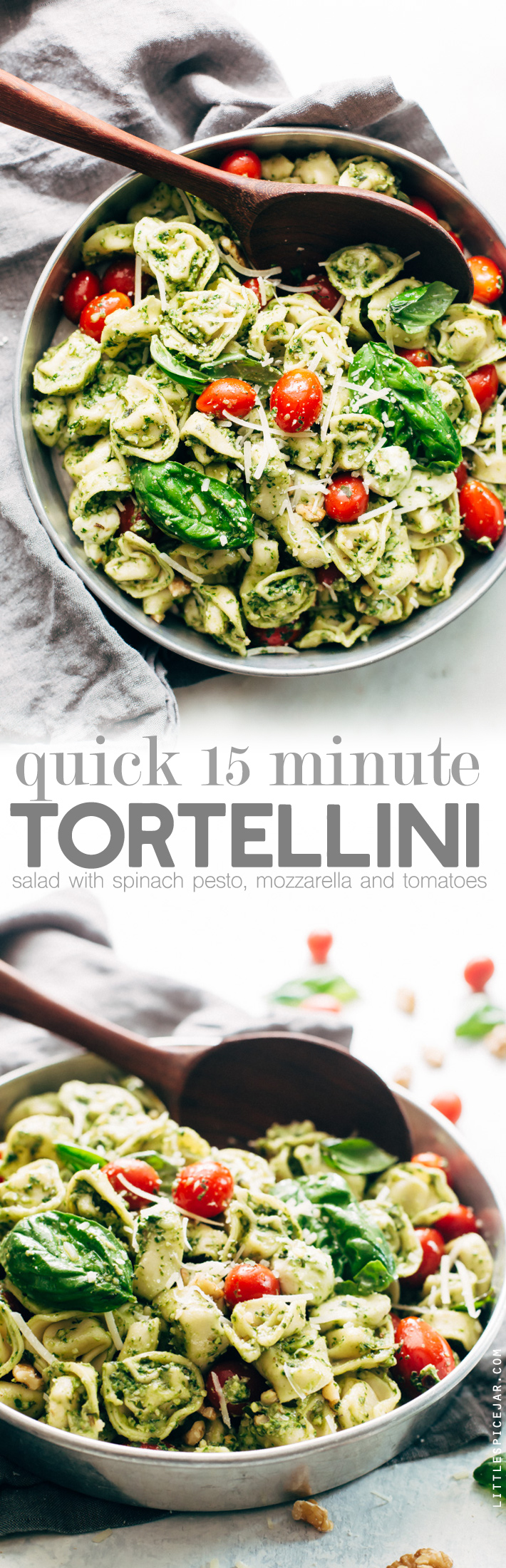 15 Minute Spinach Pesto Tortellini Salad - a quick and easy pasta salad that's perfect for picnics, potlucks, and barbecues! Ready in just 15 minutes! #tortellinisalad #pasta #pastasalad #spinachpesto | Littlespicejar.com