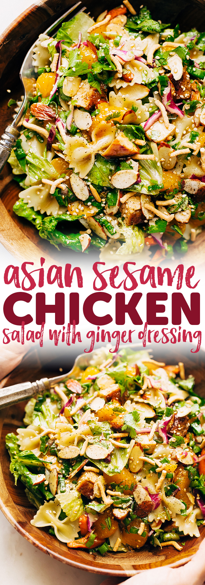Sesame Chicken Pasta Salad with Ginger Dressing - Homemade ginger dressing drizzled all over a crunchy, filling salad! Its so good you'll want it for lunch and dinner every night this week! #salad #sesamechickensalad #asianchickensalad #chickenpastasalad | Littlespicejar.com