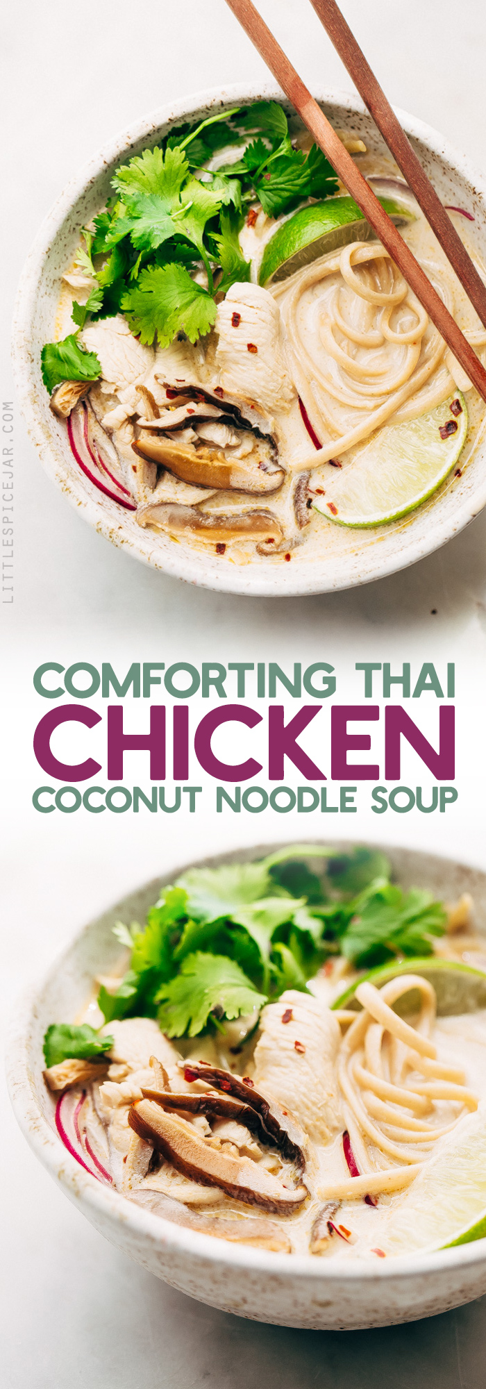 Creamy Comforting Chicken Coconut Noodle Soup - A Tom Kha Gai soup meets an American classic - chicken noodle. This soup is rich and comforting! #tomkhagai #thaisoup #coconutnoodlesoup #chickennoodlesoup | Littlespicejar.com