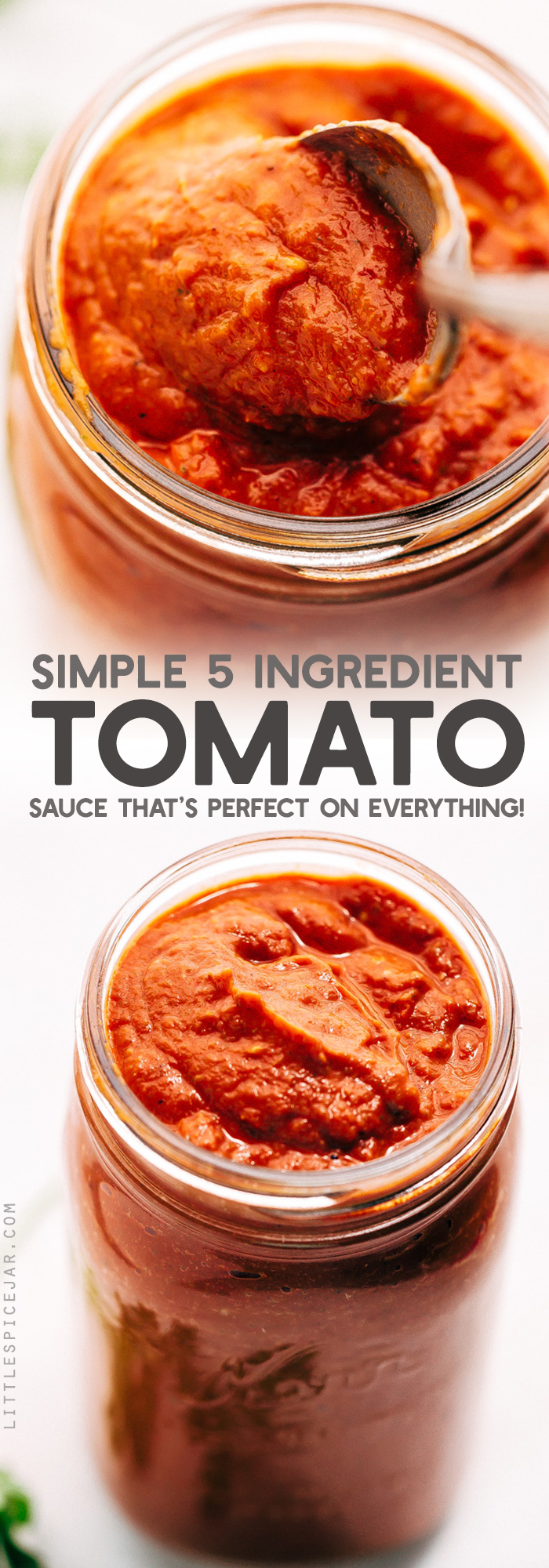 Simple 5 Ingredient Tomato Sauce - a rustic sauce that's easy to make. Just toss it all into the oven and sit back as it make your whole house smell wonderful! Perfect to use on pasta, lasagna, as a dip for sandwiches or meatballs! #tomatosauce #pizzasauce #homemaderedsauce #redsauce #tomatobasilsauce | Littlespicejar.com