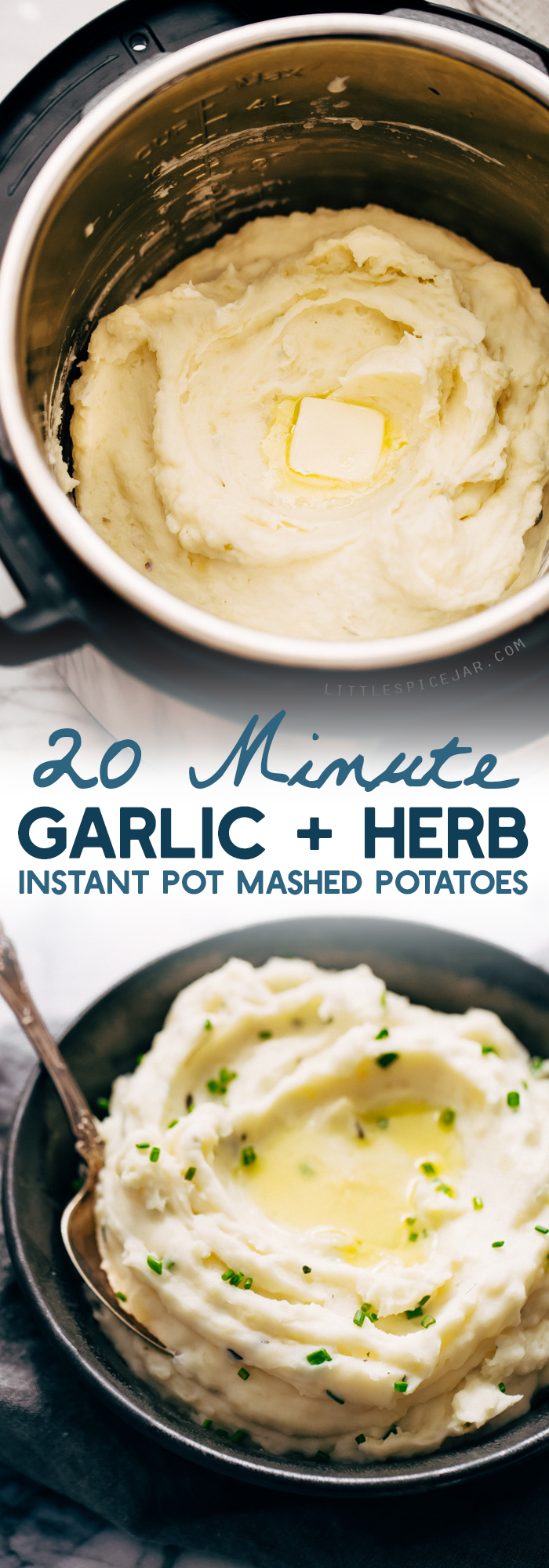 20 Minute Garlic Herb Instant Pot Mashed Potatoes - these mashed potatoes are loaded with flavor and require simple ingredients you've probably already got in your refrigerator. #instantpotmashedpotatoes #mashedpotatoes #instantpot #pressurecookermashedpotatoes | Littlespicejar.com