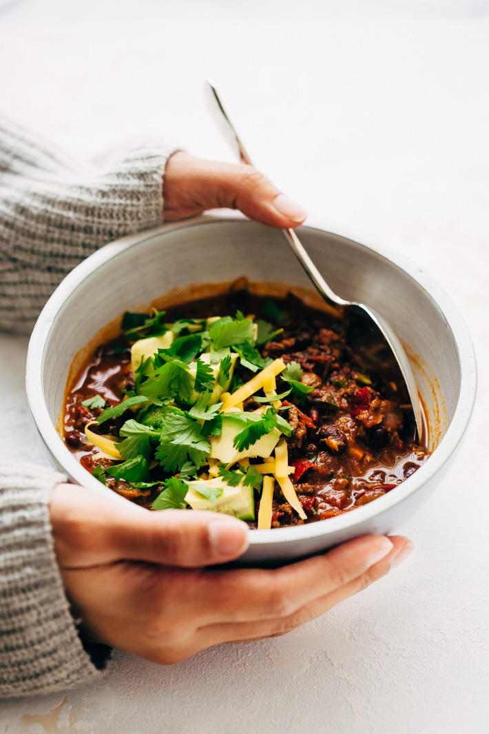 Spicy Instant Pot Mexican Chili with Black Beans Recipe - A homemade chili that tastes slow simmered but takes 40 minutes to make from start to finish! #instantpot #instantpotchili #mexicanchili #chilirecipe | Littlespicejar.com