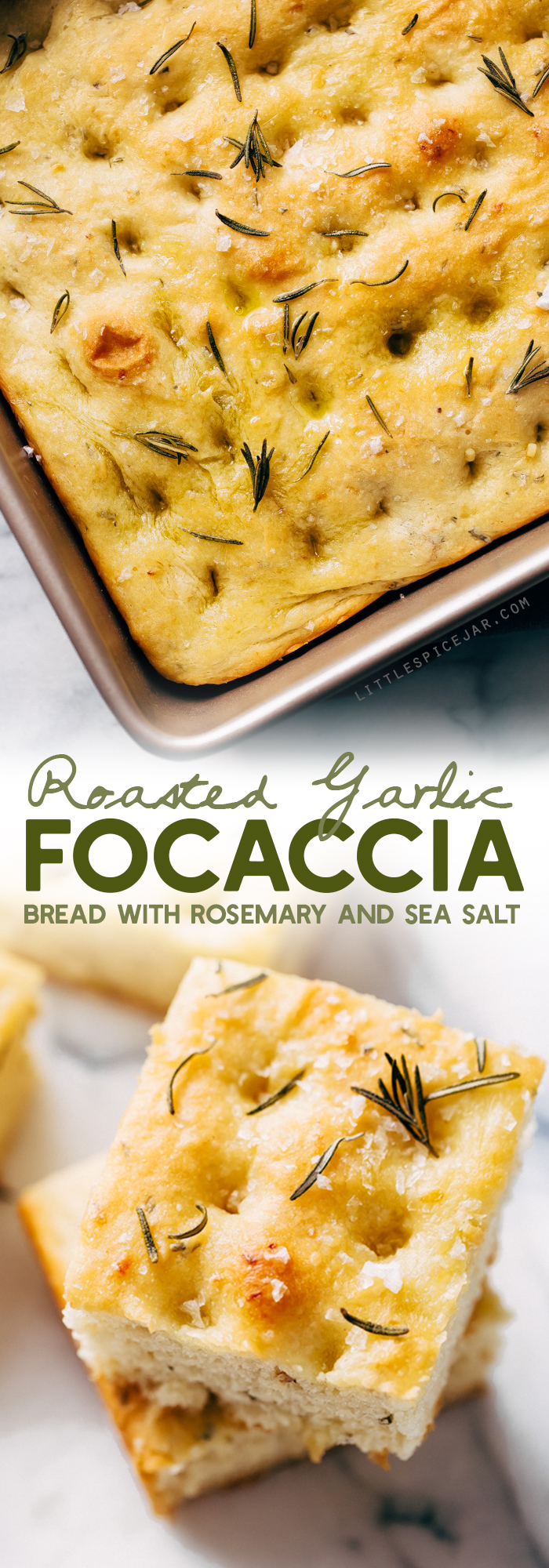 Roasted Garlic Rosemary Focaccia Bread - learn how to make this delicious bread. Serve it with soup, as a side of pasta, or build a sandwich with it! Rosemary focaccia is easy to make and absolutely delicious! #focacciabread #focaccia #rosemaryfocaccia #bread | Littlespicejar.com