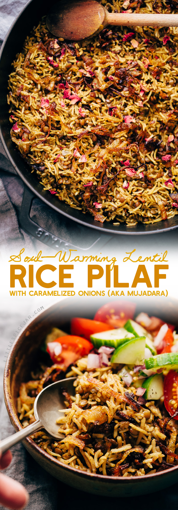 Lentil Rice Pilaf with Caramelized Onions (Mujadara) - this simple lentils and rice recipe is great as a main course or as a side for holidays! #mujadara #lentilricepilaf #lebanesericepilaf #ricepilaf #pilaf | Littlespicejar.com