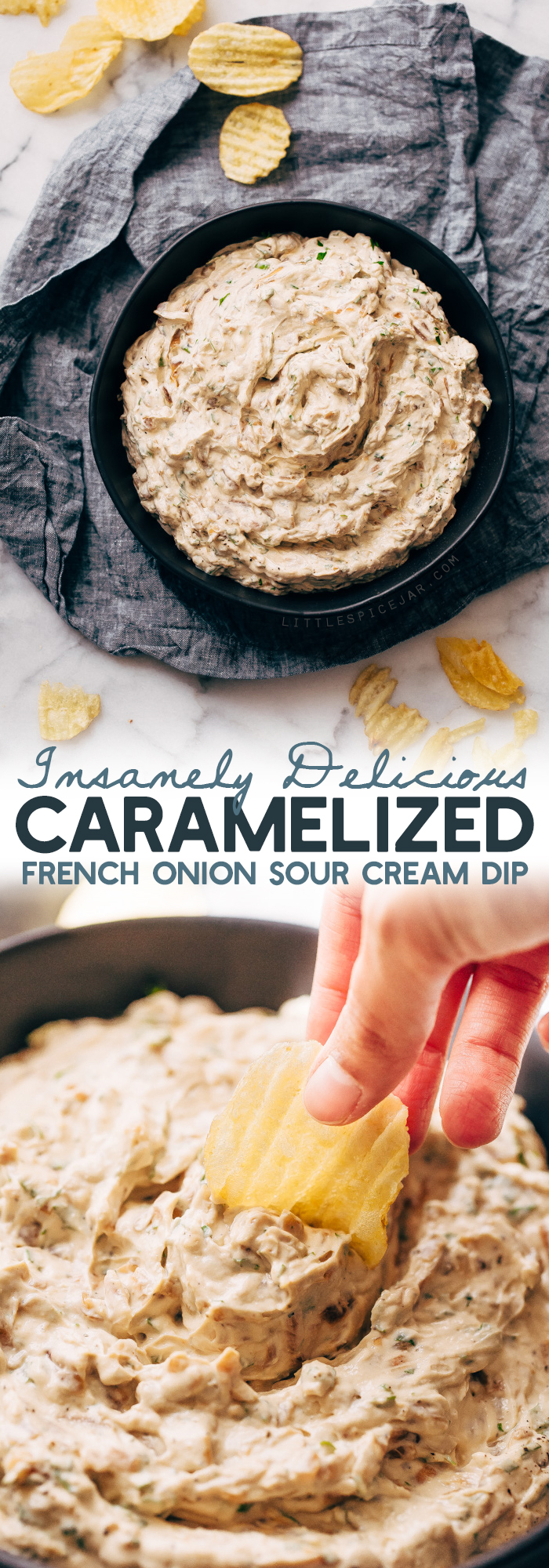 Caramelized Onion Dip - a simple dip that you can make ahead for parties and gatherings! Perfect for New Years Eve or any celebration! #caramelizedoniondip #frenchoniondip #oniondip #frenchcaramelizedoniondip | Littlespicejar.com