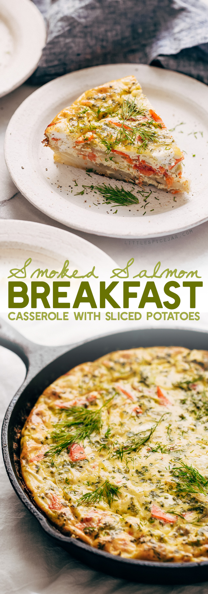 Smoked Salmon Breakfast Casserole - layers of thinly sliced potatoes, sautéed leeks, and flaky salmon. Great to serve for brunch! casserole #breakfastcasserole #smokedsalmon #salmoncasserole | Littlespicejar.com