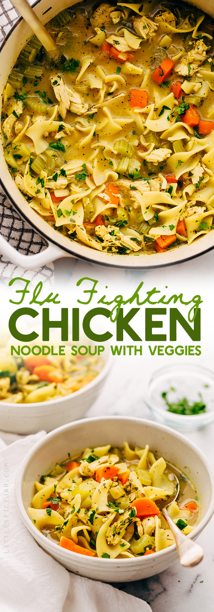 Flu-Fighting Chicken Noodle Soup - Made with ingredients that help fight the flu faster! #chickennoodlesoup #chickennoodle #flufighterchickennoodlesoup #flufighterchickennoodlesoup #chickensoup | Littlespicejar.com