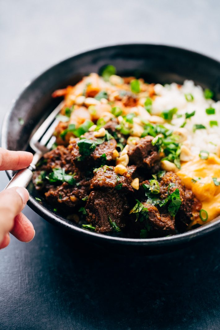 Instant Pot Korean Beef Bowls (or Burritos) Learn how to make korean beef or Korean BBQ in the instant pot when no effort at all! Perfect for weeknights and busy weekends! #koreanbeef #koreanbeefburrito #koreanbeefbowls #koreanbbq | Littlespicejar.com