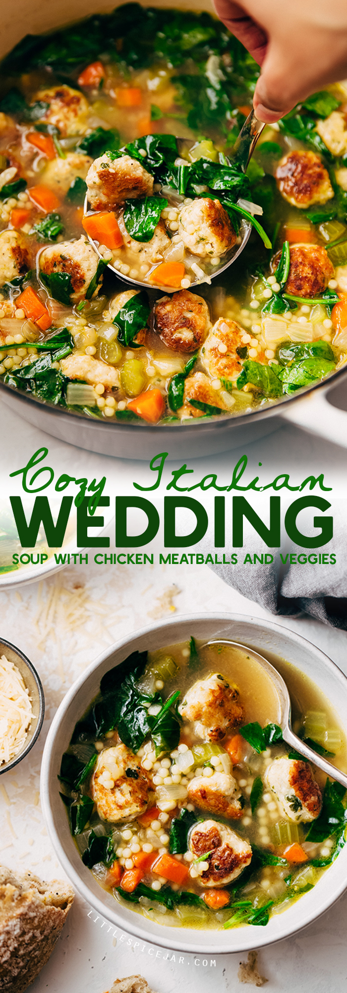 Italian Wedding Soup - an easy homemade soup with tender chicken meatballs and tons of veggies and pasta! So hearty and comforting! #italianweddingsoup #chickenmeatballsoup #chickennoodlesoup | Littlespicejar.com