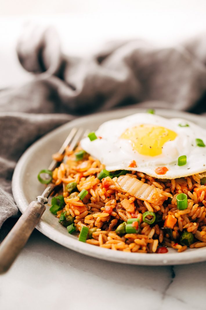 Quick Kimchi Fried Rice - Learn how to make quick and easy kimchi fried rice! Perfect to use up leftover rice! #kimchi #kimchifriedrice #friedrice #veggiefriedrice | Littlespicejar.com