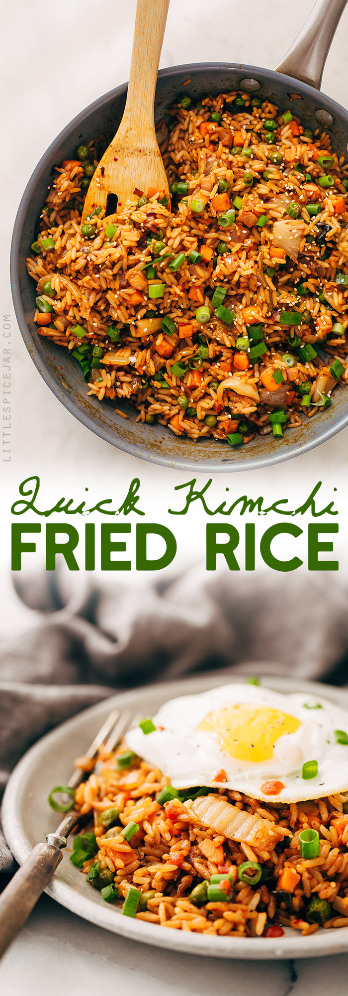 Quick Kimchi Fried Rice - Learn how to make quick and easy kimchi fried rice! Perfect to use up leftover rice! #kimchi #kimchifriedrice #friedrice #veggiefriedrice | Littlespicejar.com