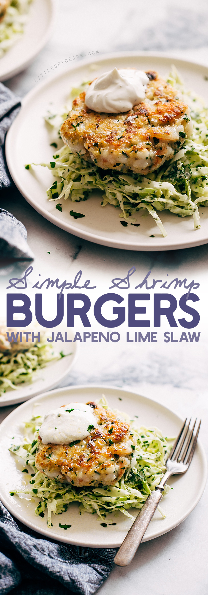Simple Shrimp Burgers with Jalapeño Lime Slaw - these burgers take in the ballpark of 30 minutes to make. You can serve them on a bed of jalapeño lime slaw or on a brioche bun! Simple, healthy, and delicious! #seafood #shrimp #shrimpburgers #dinner #slaw | Littlespicejar.com