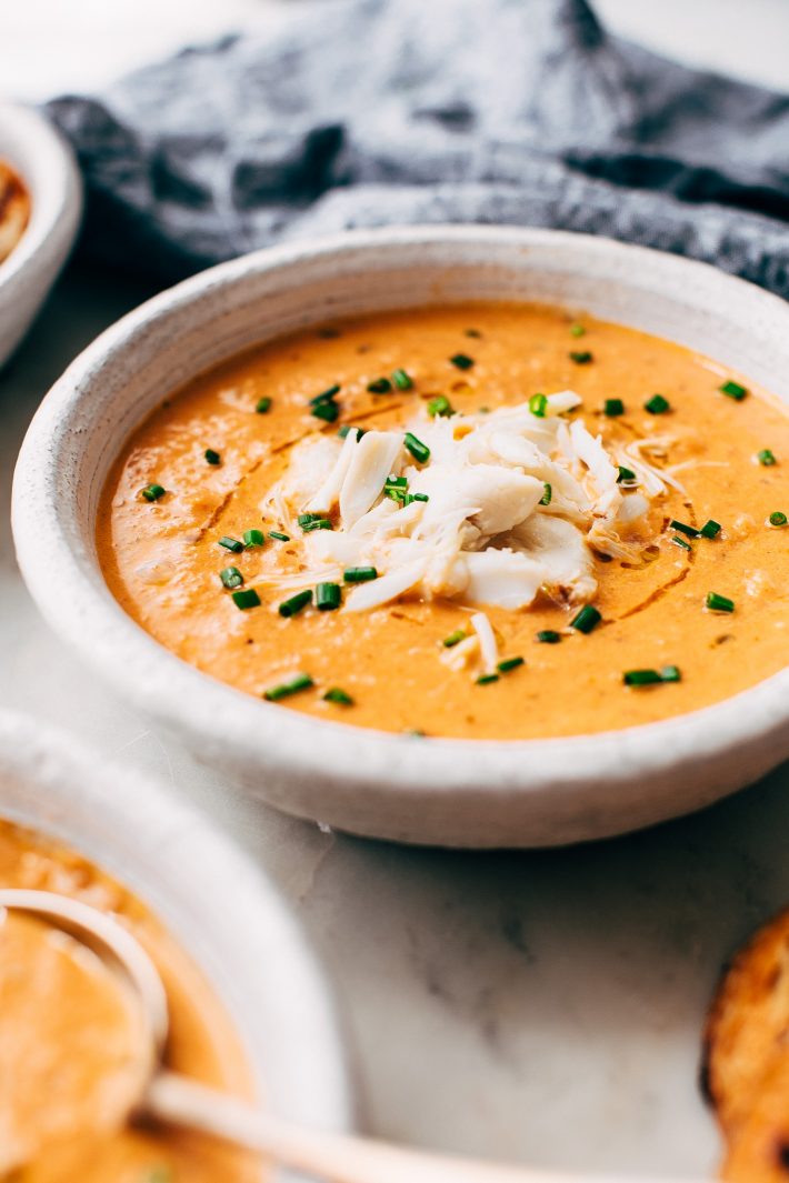 Blushing Tomato Crab Bisque - made with roasted veggies and tons of fresh herbs and spices! This soup is perfect as a starter or main course! #easter #crabbisque #tomatocrabbisque #tomatobisque #crabchowder | Littlespicejar.comBlushing Tomato Crab Bisque - made with roasted veggies and tons of fresh herbs and spices! This soup is perfect as a starter or main course! #easter #crabbisque #tomatocrabbisque #tomatobisque #crabchowder | Littlespicejar.com