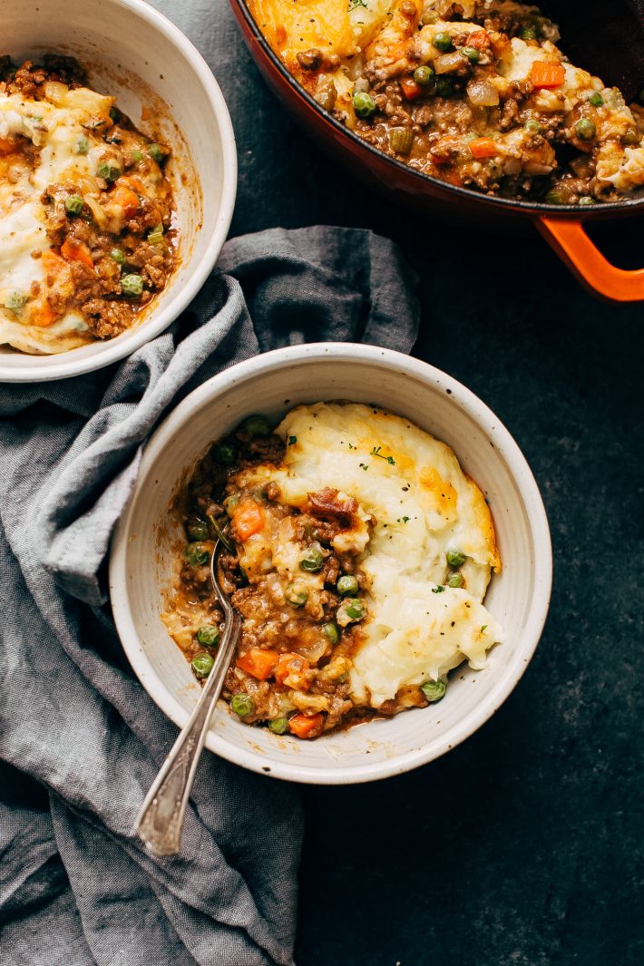Easy Rustic Shepherd's Pie with the Cheesiest Mashed Potatoes - a few simple ingredients really elevate this shepherd's pie! So good you'll never try another recipe! #shepherdspie #cottagepie #meatpie #shepherdscasserole #stpatricksday | Littlespicejar.com