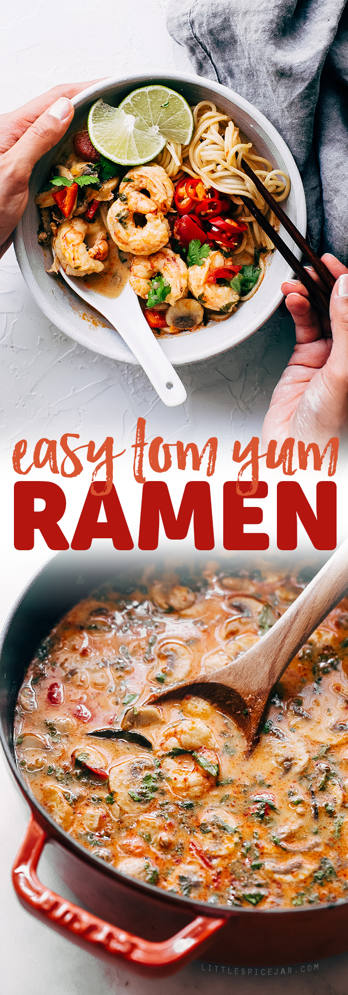 Creamy Tom Yum Ramen - an easy, weeknight friendly ramen recipe that tastes like your favorite tom yum soup! #ramen #weeknightrecipes #tomyumgoong #tomyumsoup #tomyum | Littlespicejar.com