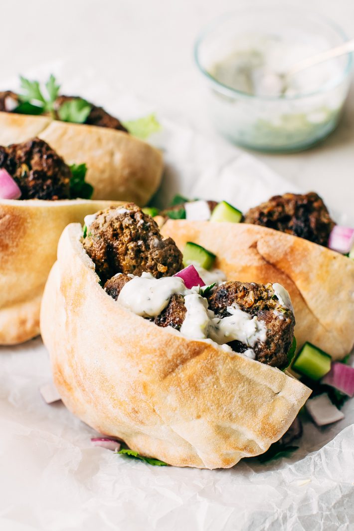 Kofta Pita Sandwiches - homemade kofta kabobs made with just a few ingredients and stuffed inside pocket pita bread! These are so good with my homemade garlic tahini sauce! #kofta #koftakabob #koftapitasandwich #naanwich | Littlespicejar.com