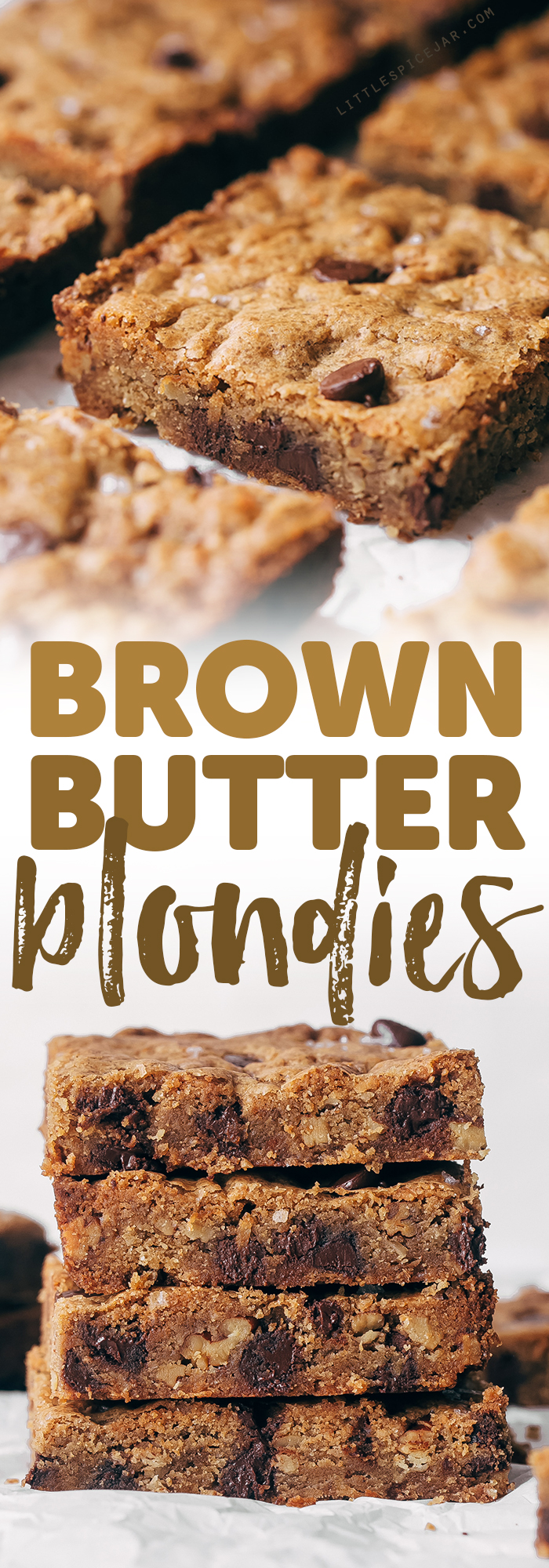 Brown Butter Pecan Chocolate Chip Blondies - butterscotch flavored base with tons of nutty pecans and creamy chocolate chips. These blondies are absolutely addicting! #blondies #chocolatechipblondies #brownbutterblondies #pecanblondies | Littlespicejar.com
