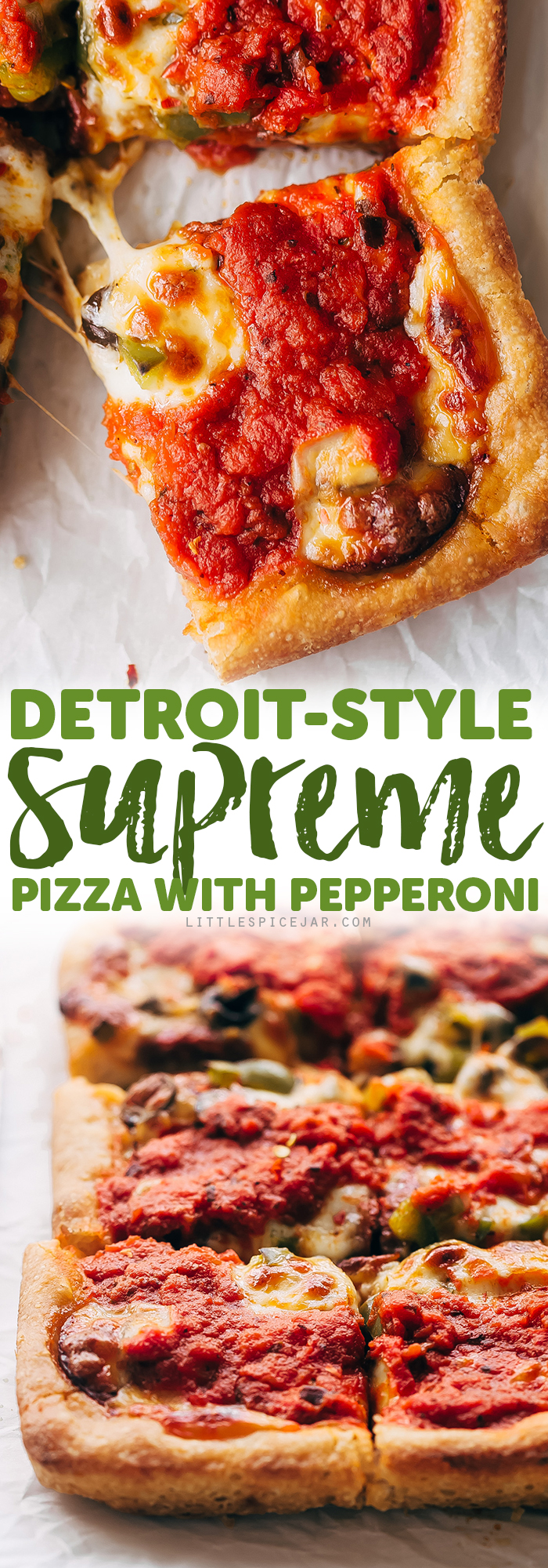 Supreme Detroit-Style Pizza - Homemade Detroit-Style pizza with the best crispy, butter dough! It's almost like focaccia bread with pizza toppings on top! #detroitpizza #detroitstylepizza #homemadepizza #pizza | Littlespicejar.com