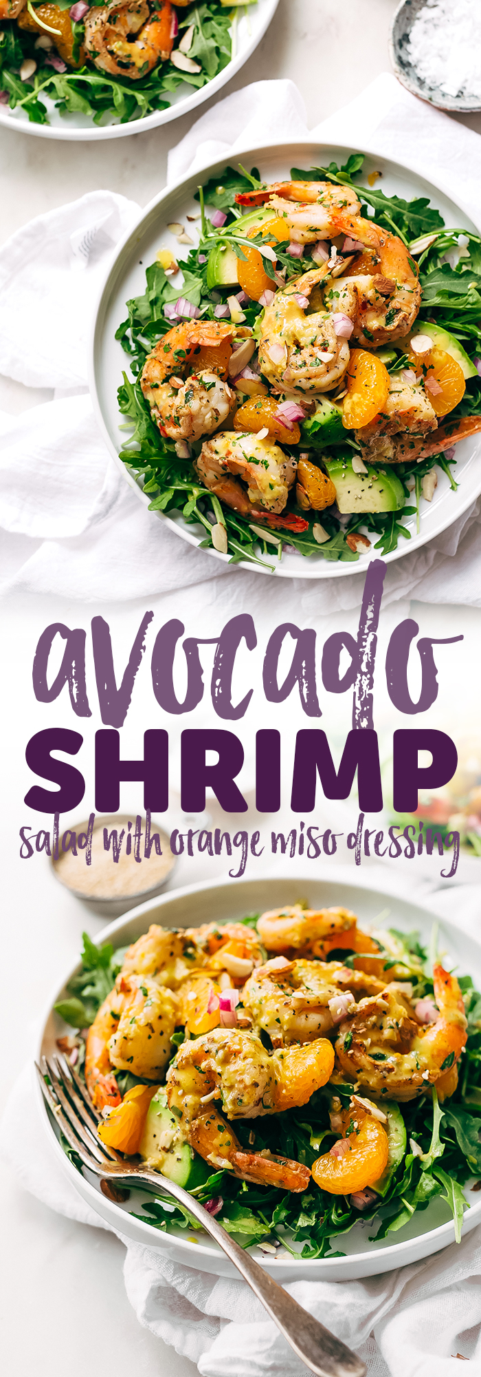 Avocado Shrimp Salad with Citrus Miso Dressing - learn how to make a quick and easy shrimp salad loaded with tons avocados, mandarin oranges, and sliced almonds! #shrimpsalad #salad #lowcarb #avocadoshrimpsalad | Littlespicejar.com