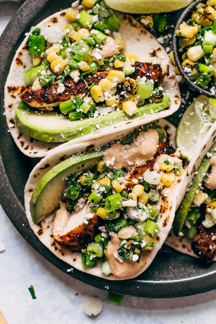 Mexican Street Corn Chicken Tacos - Mexican Street Corn Chicken Tacos! It's when esquites or street corn salad meets chicken tacos! These chipotle chicken tacos are loaded up with a simple roasted corn salad and topped with chipotle mayo! #streetcornchickentacos #tacos #tacotuesday #chickentacos #streettacos #streetcorntacos | Littlespicejar.com