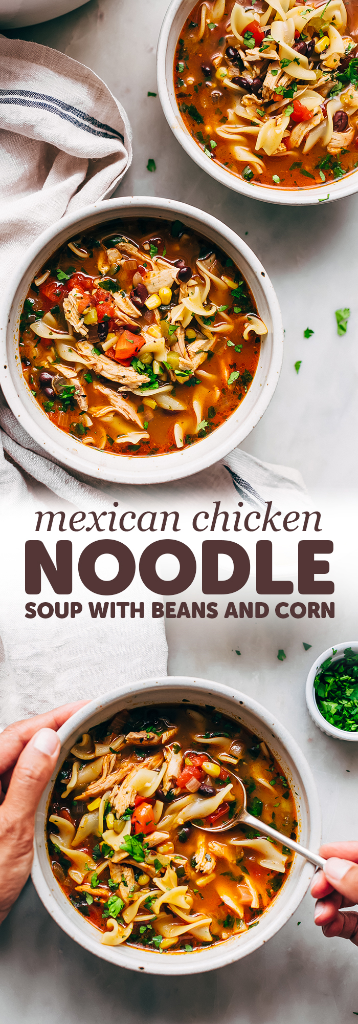 Mexican Chicken Noodle Soup - loaded with tender chicken, corn, beans, and of course, noodles! Ready in under 30 minutes! #chickennoodlesoup #southwesternchickennoodlesoup #soup #souprecipes | Littlespicejar.com