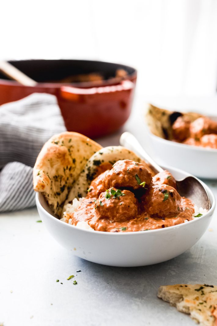 Creamy Chipotle Butter Chicken Meatballs - learn how to make homemade chicken meatballs in a spicy chipotle cream sauce! Ready from start to finish in 40 minutes! #butterchicken #dinnerrecipes #dinner #chicken #chickenrecipes #meatballs | Littlespicejar.com