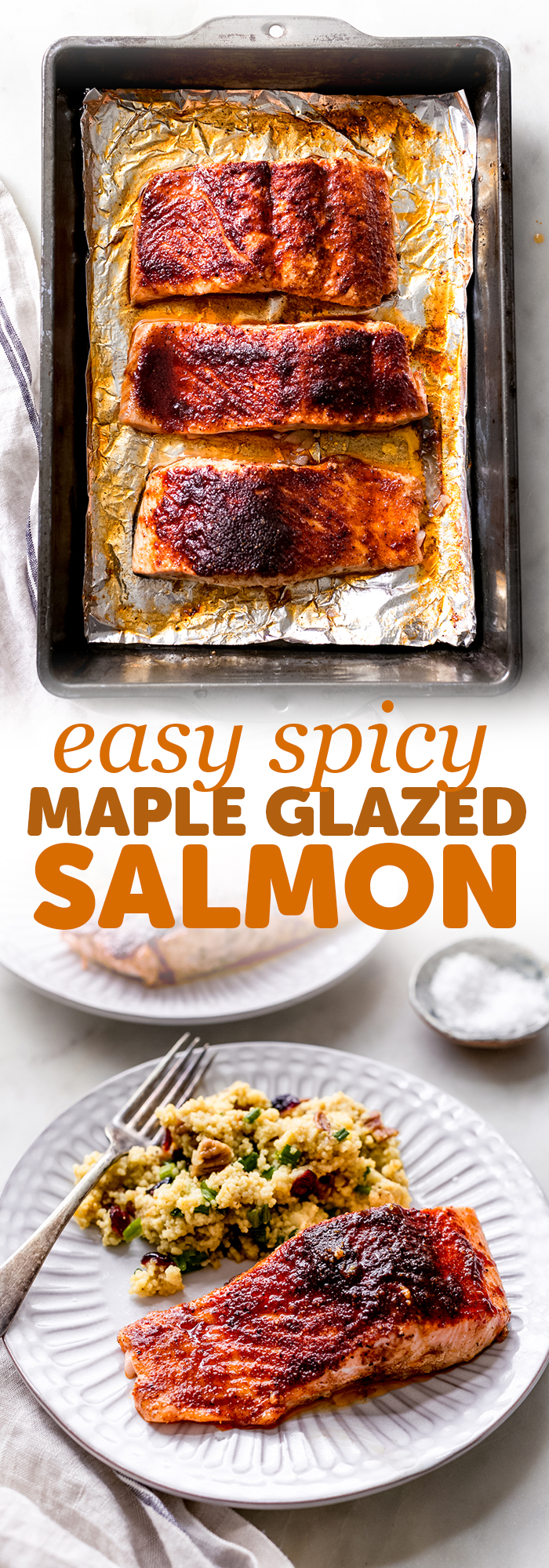 Spicy Maple Glazed Salmon - just a handful of ingredients is all you need to make this simple sweet yet spicy salmon recipe! Ready in 15 minutes! #bakedsalmon #glazedsalmon #roastedsalmon #salmonrecipe #easydinnerrecipe | Littlespicejar.com