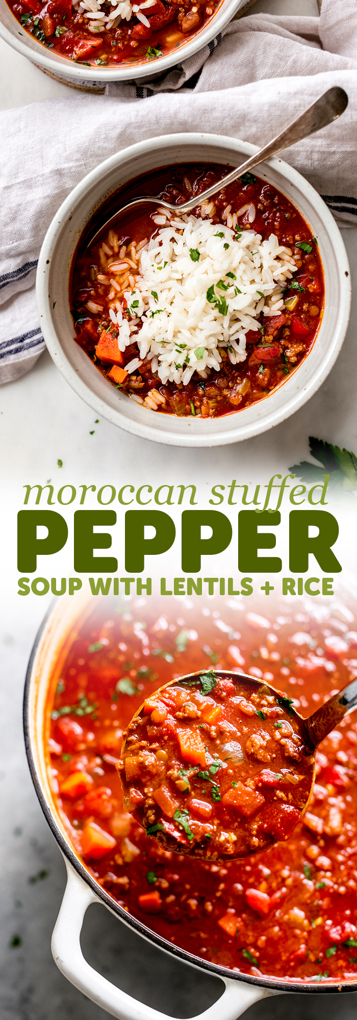 Moroccan Stuffed Pepper Soup - a new twist on the classic soup. This soup is spiced with moroccan spices to give it a warm and cozy feel! Great on a chilly evening! #stuffedpeppersoup #stuffedpeppers #moroccan #soup #stew | Little Spice Jar