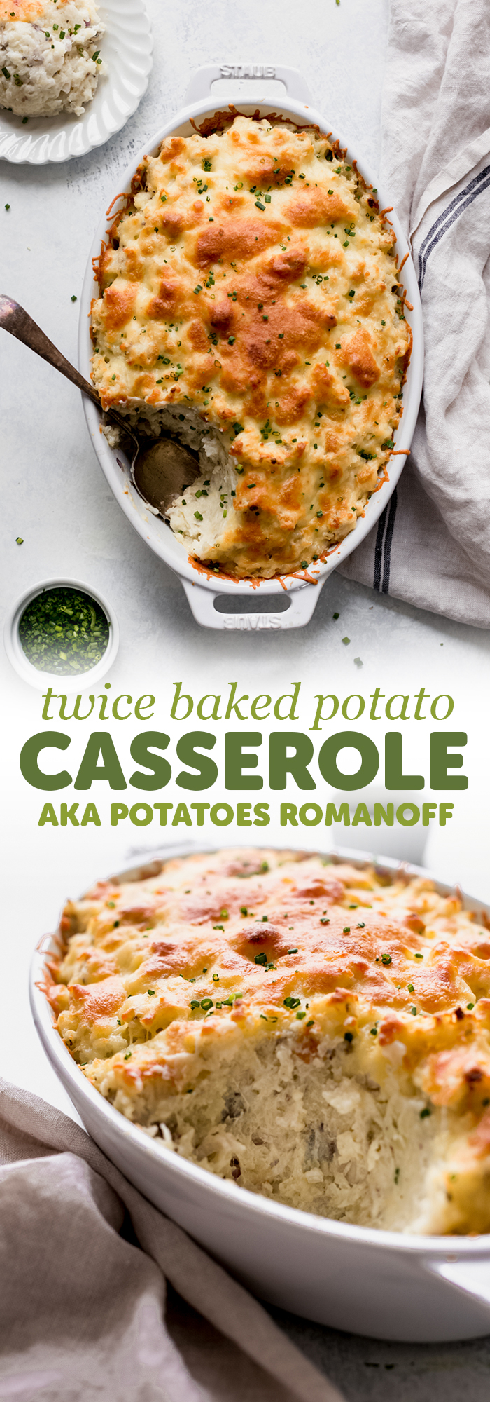 Twice Baked Potato Casserole (Potatoes Romanoff) - Turn regular old baked potatoes into something else special! This is sure to be a hit at Thanksgiving! #potatoesromanoff #twicebakedpotato #twicebakedpotatocasserole | Littlespicejar.com
