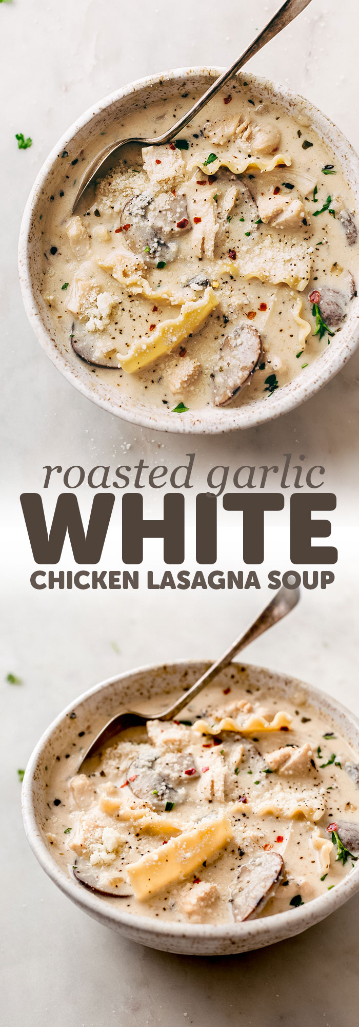 Roasted Garlic White Chicken Lasagna Soup - The coziest, creamiest, most comforting soup! This roasted garlic white chicken lasagna soup is sure to be a hit with the whole family! And it's quite quick to put together too! #lasagnasoup #roastedgarlicsoup #whitechickenlasagnasoup #creamychickennoodlesoup | Littlespicejar.com